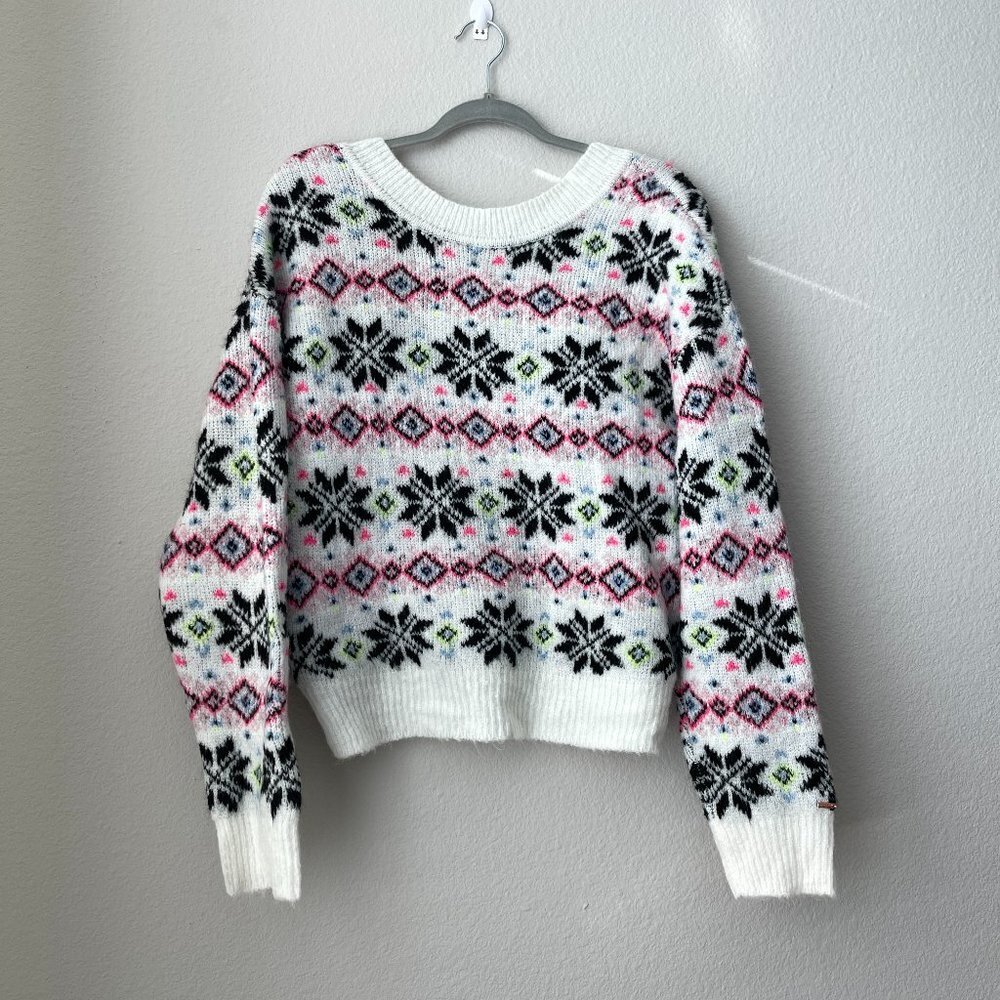 PINK Victoria's Secret White Snowflake Holiday V-Neck Sweater Fairisle Size M
